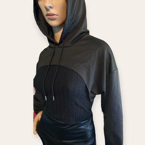 Long Sleeve Cropped Super Crop Top, Solid Color Drawstring Hoodie Sweatshirt